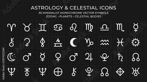 The astrology and celestial icons set features 30 minimalist monochrome vector symbols of zodiac signs and celestial bodies on a black background for design use.