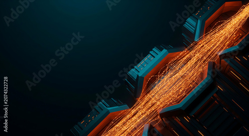 Abstract futuristic structure with glowing energy streams flowing through, representing data transfer and technological innovation, ideal for digital marketing, network concepts and advanced