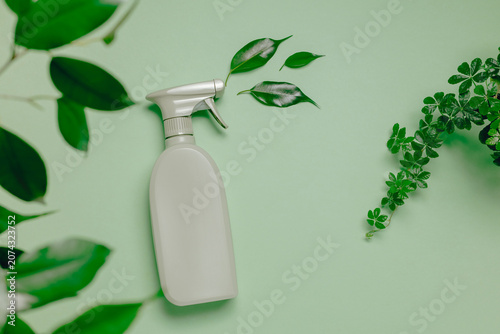 Spray bottle with cleaning detergent product with green plant leaves top view on green background. Eco friendly home cleaning product, herbal detergent