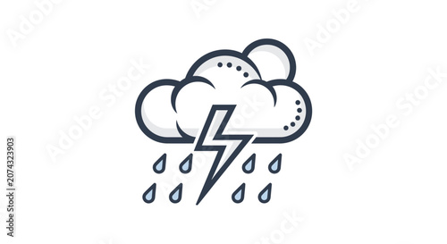 Tableau sur toile Dark Cloud Raining with Lightning Bolt Symbolizing Stormy Weather and Adversity, Isolated White Background