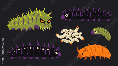 Photos Cartoon collection of colorful caterpillars and insect larvae