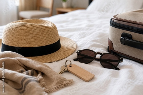 Travel arrival still life with hat sunglasses and suitcase