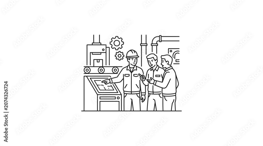 Fototapeta premium Three men working in industrial setting.