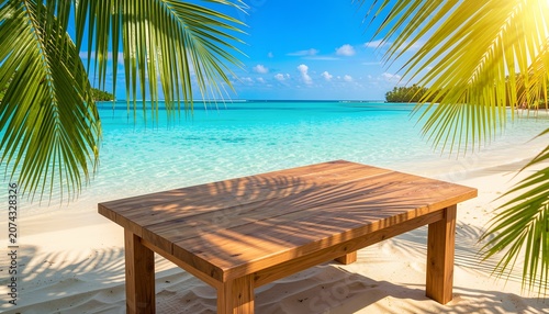 Premium tropical beach background featuring turquoise ocean waves, palm leaves, blue sky, and an empty wooden table for product presentation