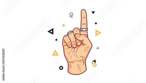 Illustration of a hand pointing upward with an index finger gesture symbolizing success, priority, or counting while wearing a silver ring.