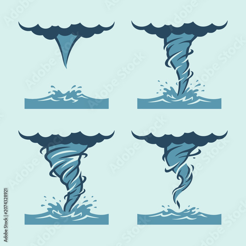 Tableau sur toile Four blue cartoon waterspout icons showing storm evolution