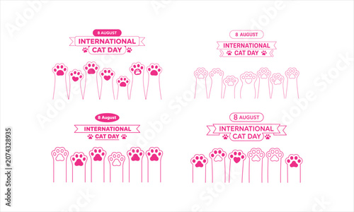 Pink Cat Paw Prints and Banners for International Cat Day feline animal