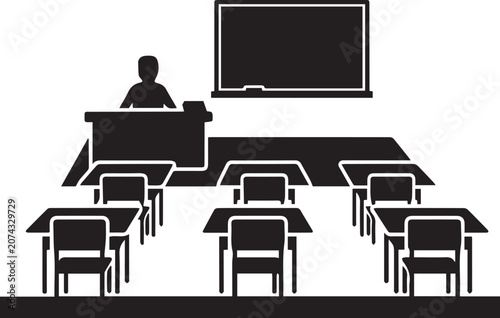 Vector illustration of a teacher standing at a desk in a classroom with a blackboard and student desks isolated on transparent background