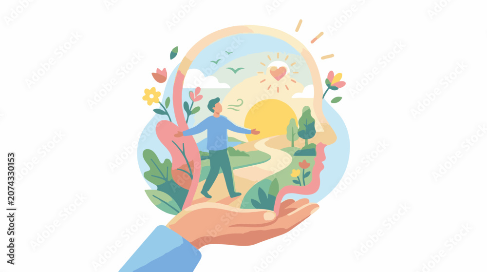Fototapeta premium A person cradles a whimsical scene with a man flowers and a sunny landscape