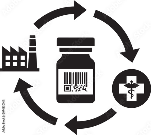 Vector illustration of a medication bottle with barcode surrounded by a recycling cycle of a factory, medical symbol, and arrows on a white background