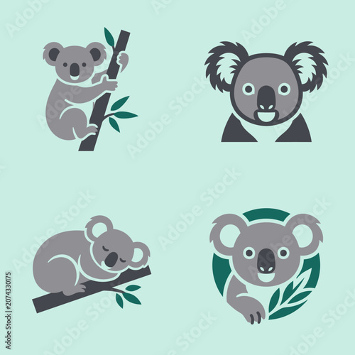 Photography Four cute koala vector icons on a light green background