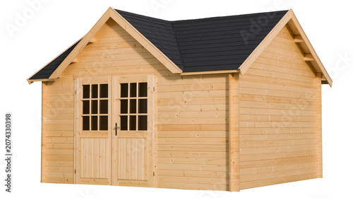 Obraz na płótnie Wooden garden shed with double doors and black roof