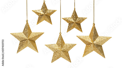 Принти на полотні Five glittery gold star ornaments hanging