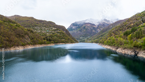 Panoramic view of Lake Vogorno, the reservoir created by the Contra Dam, also known as the Verzasca Dam, in the Canton of Ticino, Switzerland.