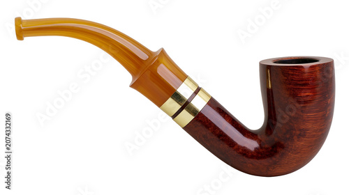 Photography Curved briar wood smoking pipe with amber acrylic stem and gold bands