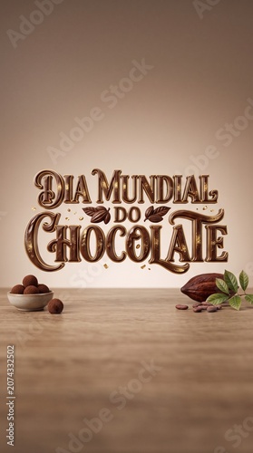 Frase tridimensional dourada com detalhes em chocolate para campanhas comemorativas elegantes do Dia Mundial do Chocolate em composição premium