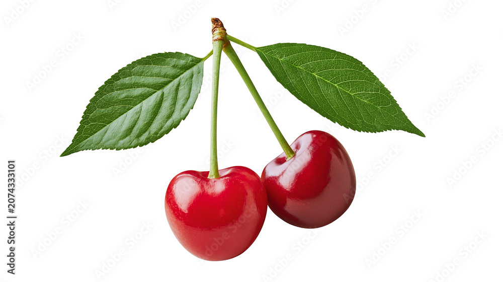 Obraz premium Two ripe red cherries with green leaves and stems
