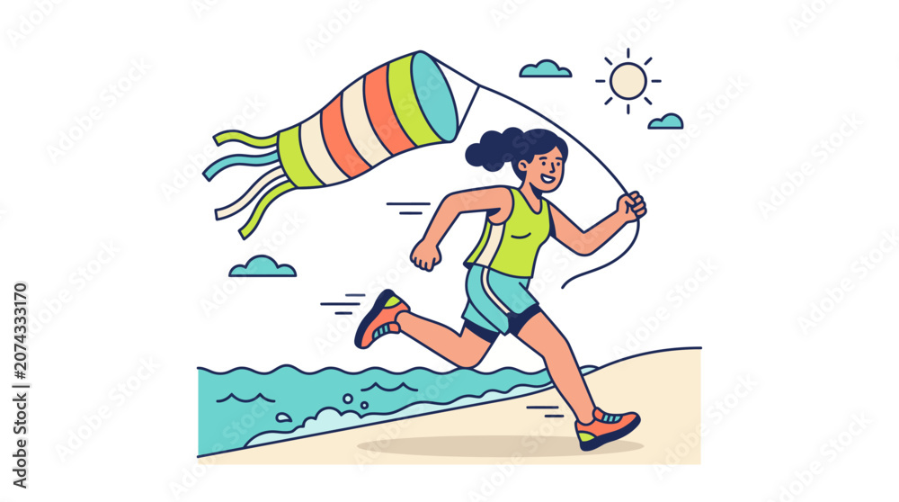 Fototapeta premium Young woman running on the beach with a colorful windsock