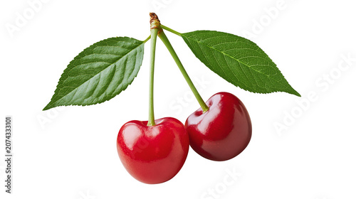 Two ripe red cherries with green leaves and stems