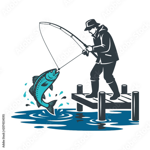 Photography A fisherman catches a large fish from a wooden pier dock