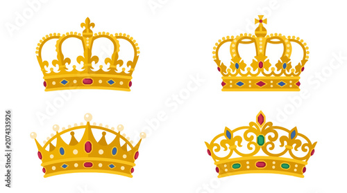 Photos Set of four golden royal crowns with colorful gemstones