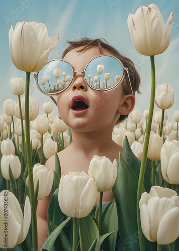 Surprised toddler in oversized sunglasses with tulip field reflection, white tulips