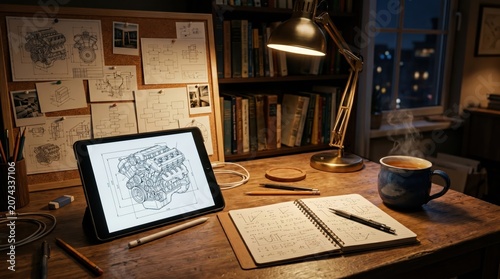 Cozy study desk with tablet engine drawing pinned reference board notebook lamp and steaming mug in evening creative engineering workspace atmosphere