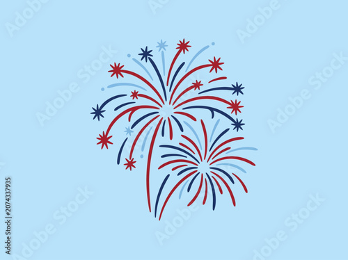 Red and blue fireworks burst on a light blue background