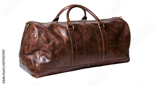 фотографія Brown leather duffel bag with brass hardware and handles