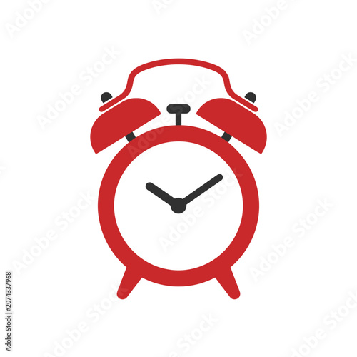 A red and black alarm clock icon on a white background