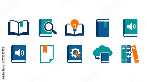 Set of colorful book and education icons on white background