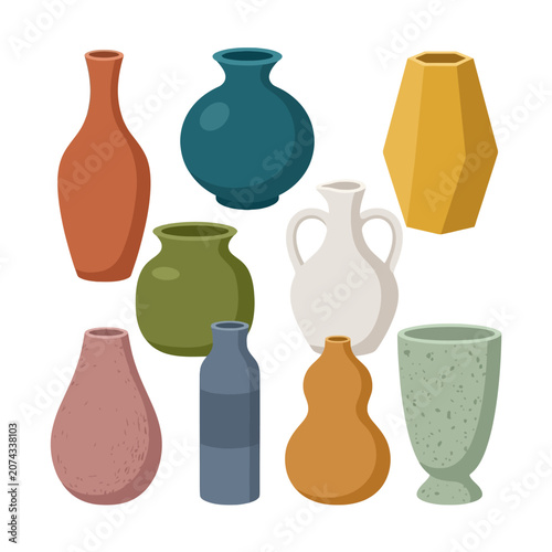 A collection of colorful ceramic vases on a white background