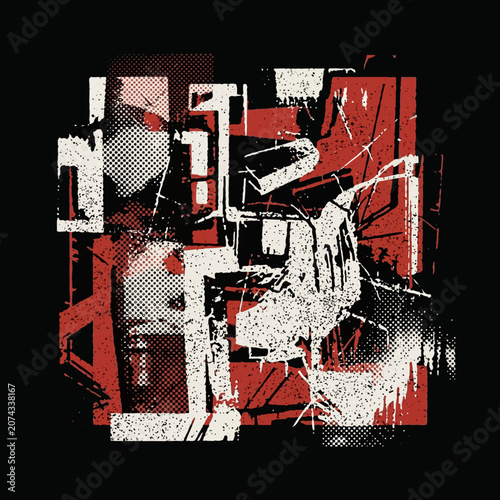 Abstract grunge collage with red and white geometric shapes