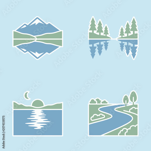 Minimalist nature landscape icons with mountains and rivers