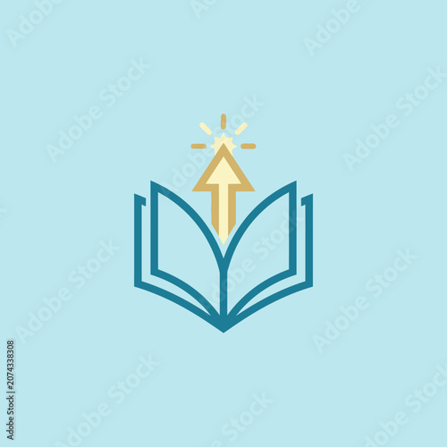 An open book icon with a golden arrow pointing upwards