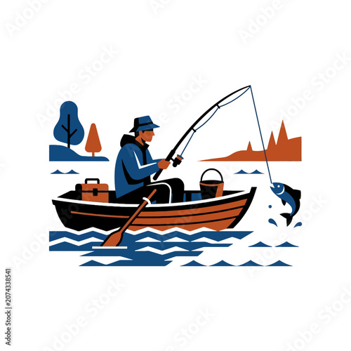 Photography A fisherman catches a large fish from a small wooden boat