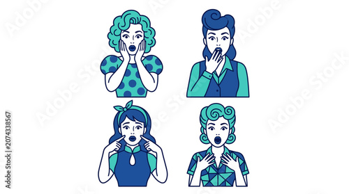 Slika na platnu Four retro illustrations of surprised women with shocked expressions