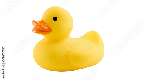 Foto Yellow rubber duck toy with orange beak and black eye
