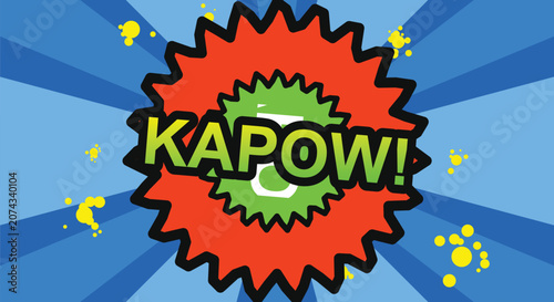 Pop art comic book explosion sound effect kapow, retro graphic design, vibrant colors and action lines.