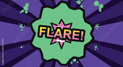 Comic book style explosion with word flare and splatter effects on purple background.
