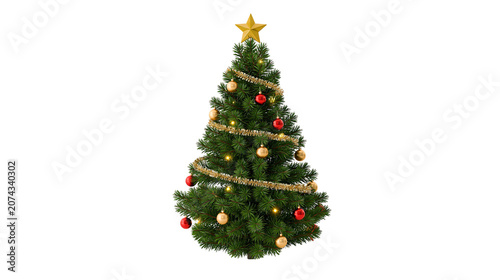 Fotografie Decorated Christmas Tree with Star and Ornaments