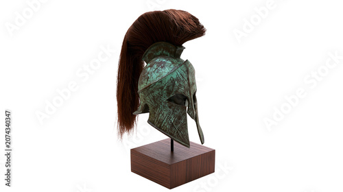 Ancient Greek Corinthian helmet with horsehair crest on wooden stand