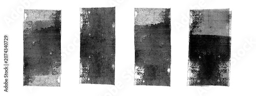 Set of vertical ink stamp texture with eroded edge and grunge uneven surface. Letter press vintage rough rectangle shape with thin textures. Linocut irregular relief textured printing illustration. 
