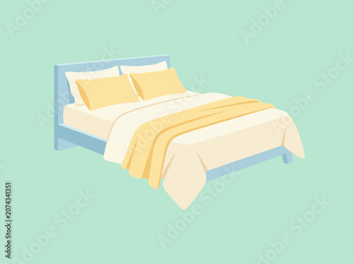 Konstfotografi A cozy double bed with yellow pillows and a soft blanket