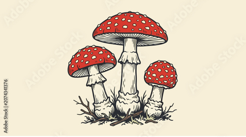 Konstfotografi Vintage hand drawn illustration of red fly agaric mushrooms