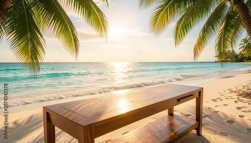 Luxury tropical beach product display background with cinematic sunlight, turquoise sea, and elegant wooden tabletop