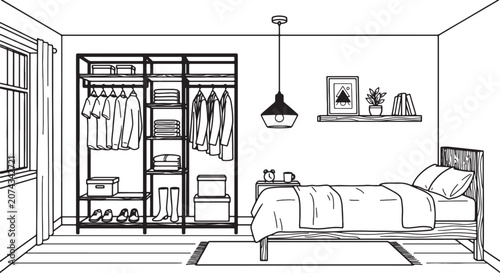 Bild auf Leinwand Scandinavian bedroom interior line art vector with an open geometric wardrobe ca