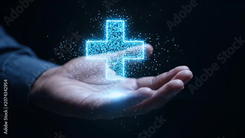 Hand revealing a glowing blue plus sign formed by particles, symbolizing health, medical care, and innovation