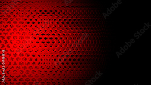 Abstract red 3D hexagonal mesh background with dark gradient side shadow.