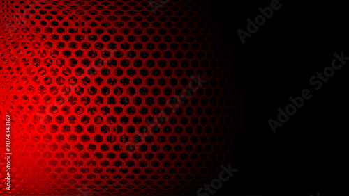 Abstract red 3D hexagonal mesh background with dark gradient side shadow.
